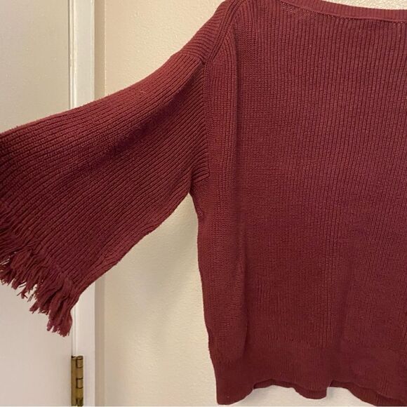 J CREW Burgundy red Fringe Sleeve Knit Sweater 100% cotton crew neck M - Picture 8 of 9